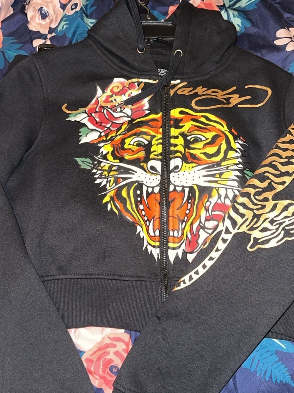 Ed Hardy Black Zip-Up Hoodie with Multicolor Tiger Graphic shorts and hoodie Lrg